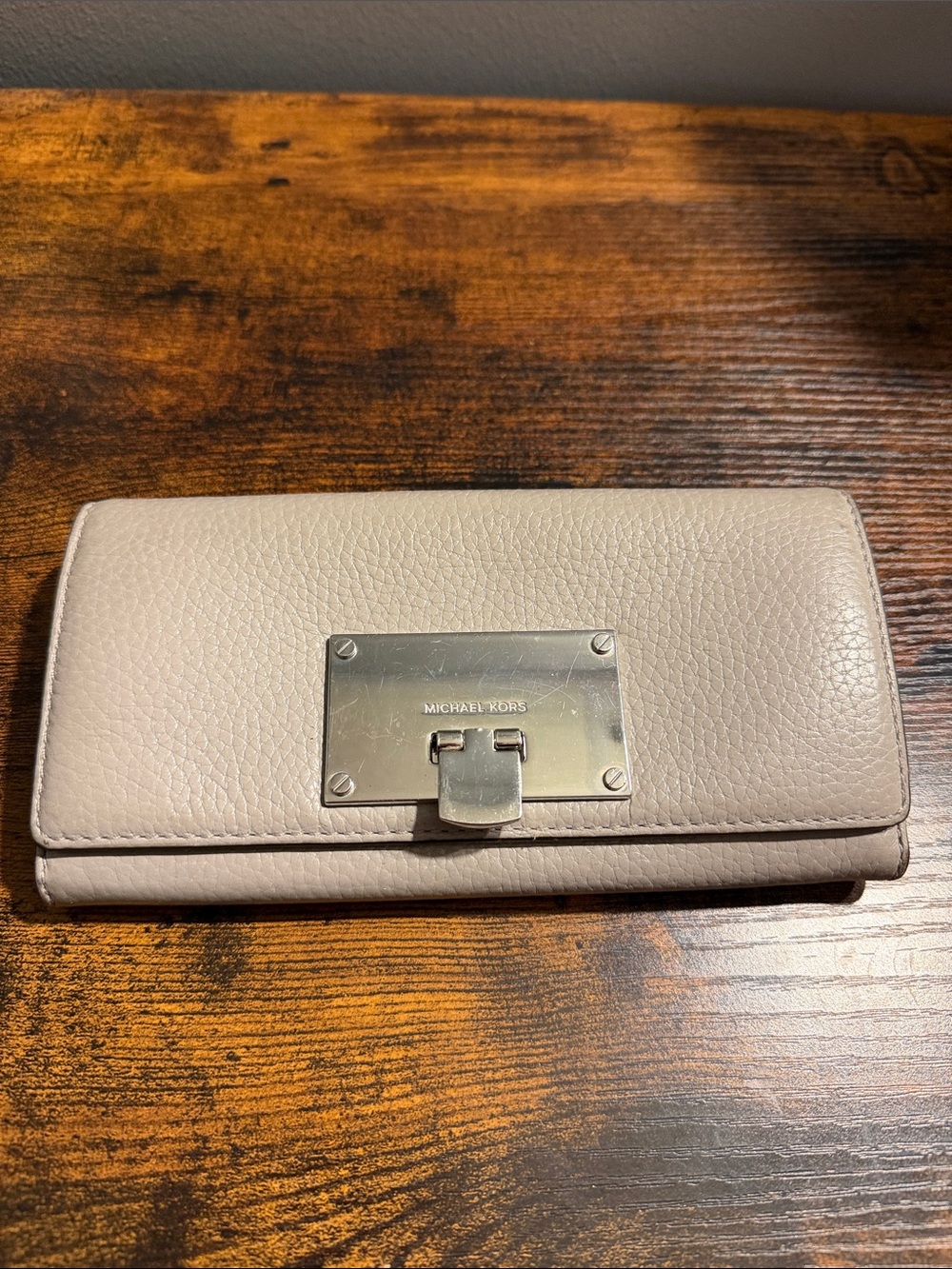 Michael Kors Taupe Pebbled Leather Clasp Wallet with Silver Plate